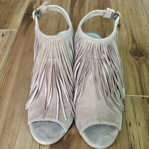 Vince Camuto Fringe Suede Open-Toe Heels in Tan - Size 5.5
